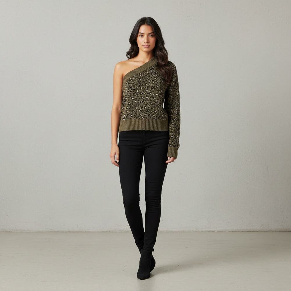 1272 - EASEL One Shoulder Olive Animal Print Light Sweater - Medium
